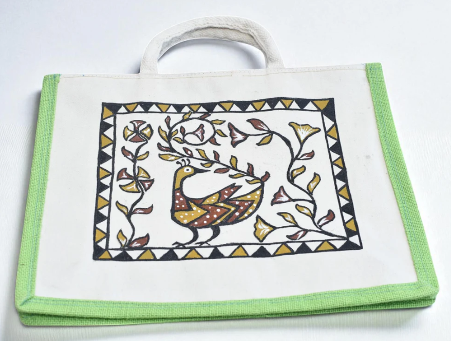 Birsa Craft Green Big Jute Bag with Sohrai painting on Shopping Bag